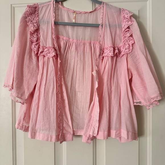 Free People Pink Babydoll Cropped Perfect Summer Top Sheer Cotton - Picture 2 of 5